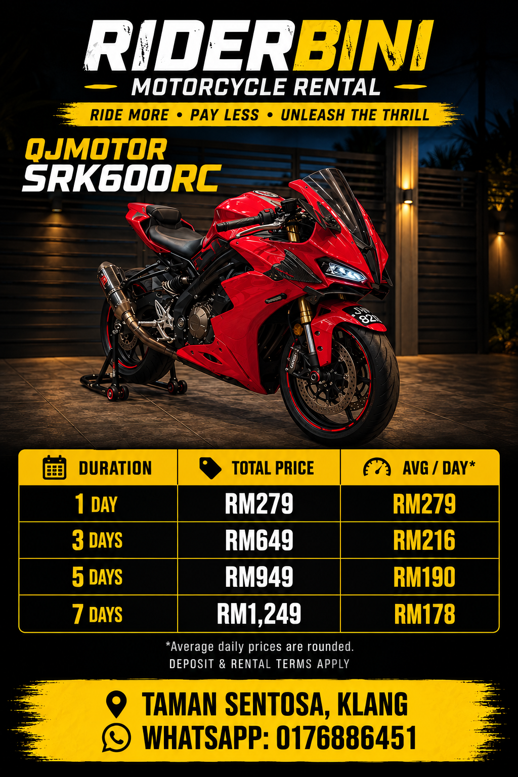 SRK600RC: 1 day RM279; 3 days RM649; 5 days RM949; 7 days RM1249