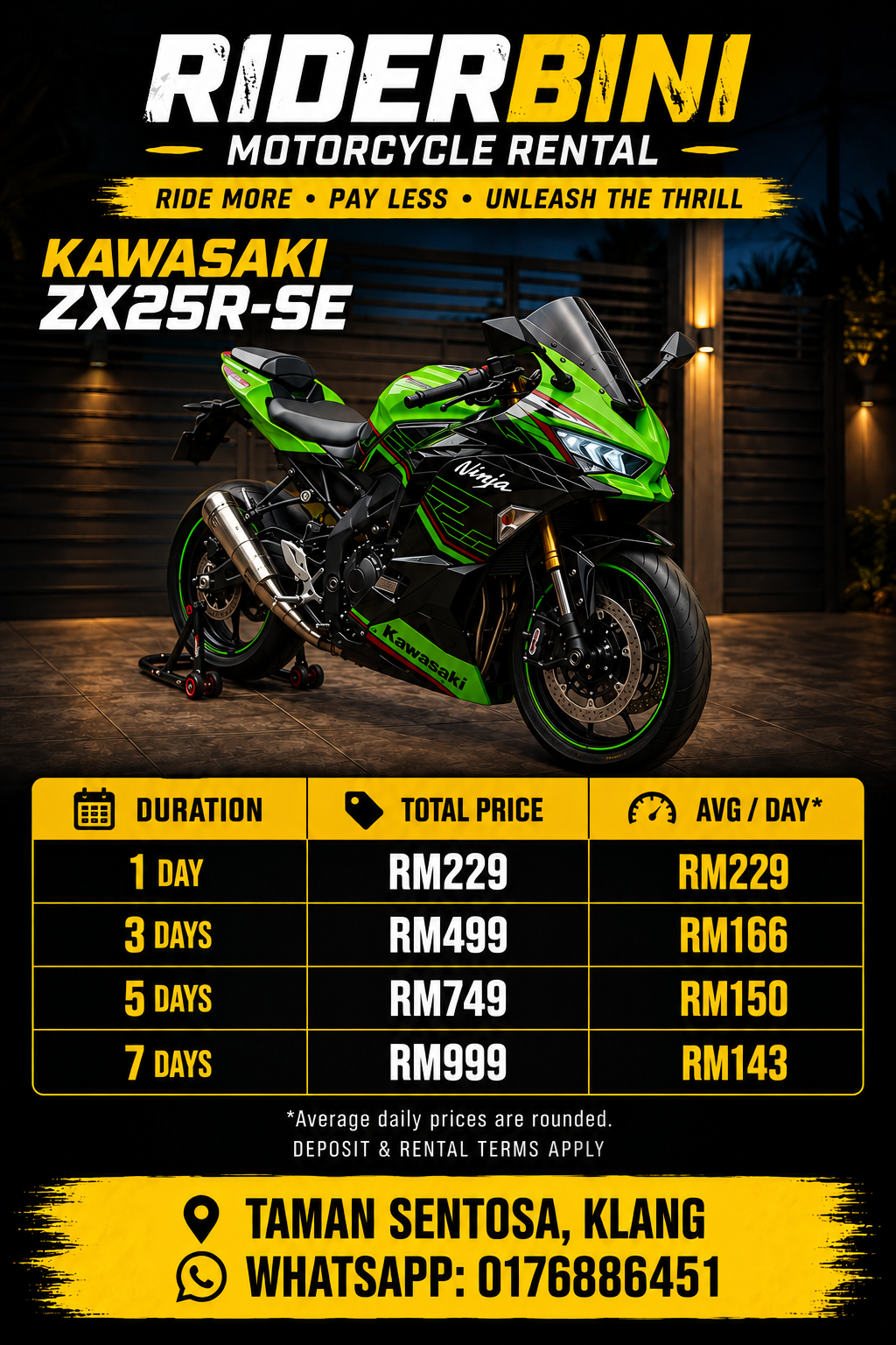 ZX25R-SE: 1 day RM229; 3 days RM499; 5 days RM749; 7 days RM999